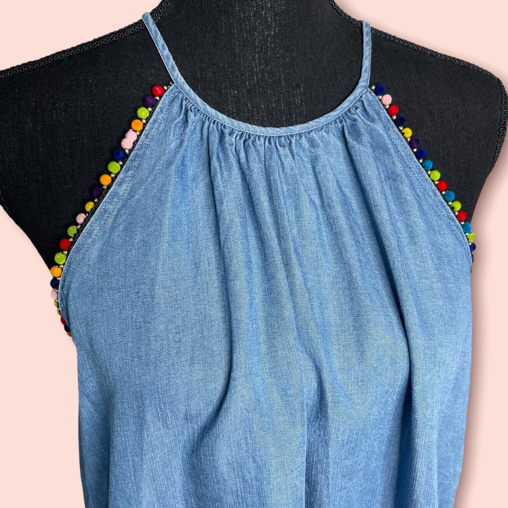 For The Republic Blue Tank Top with Colorful Pom Poms